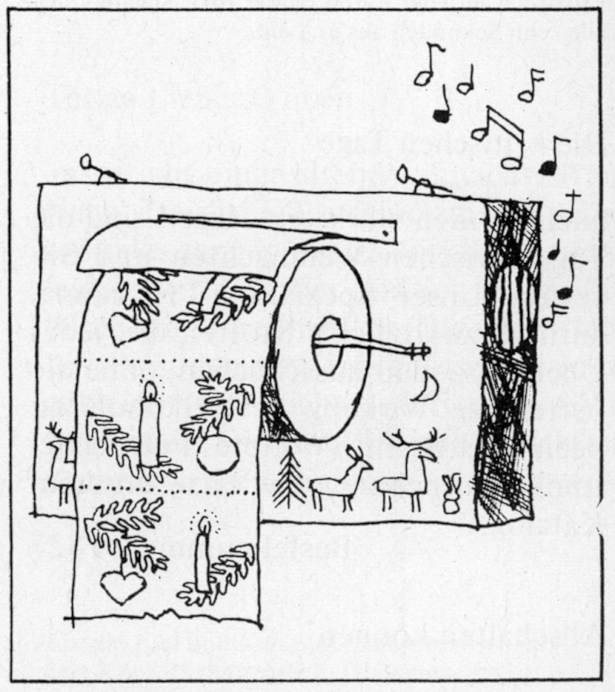 Bestellnummer 263 b, Bild: Weihnachtlich allerorts. Bei Abriß eines oder mehrerer festlich gestalteter Papiere erklingt ein Glockenspiel(Handarbeit, Schwarzwälder Art)
Zeichnung: F. K. Wächter.