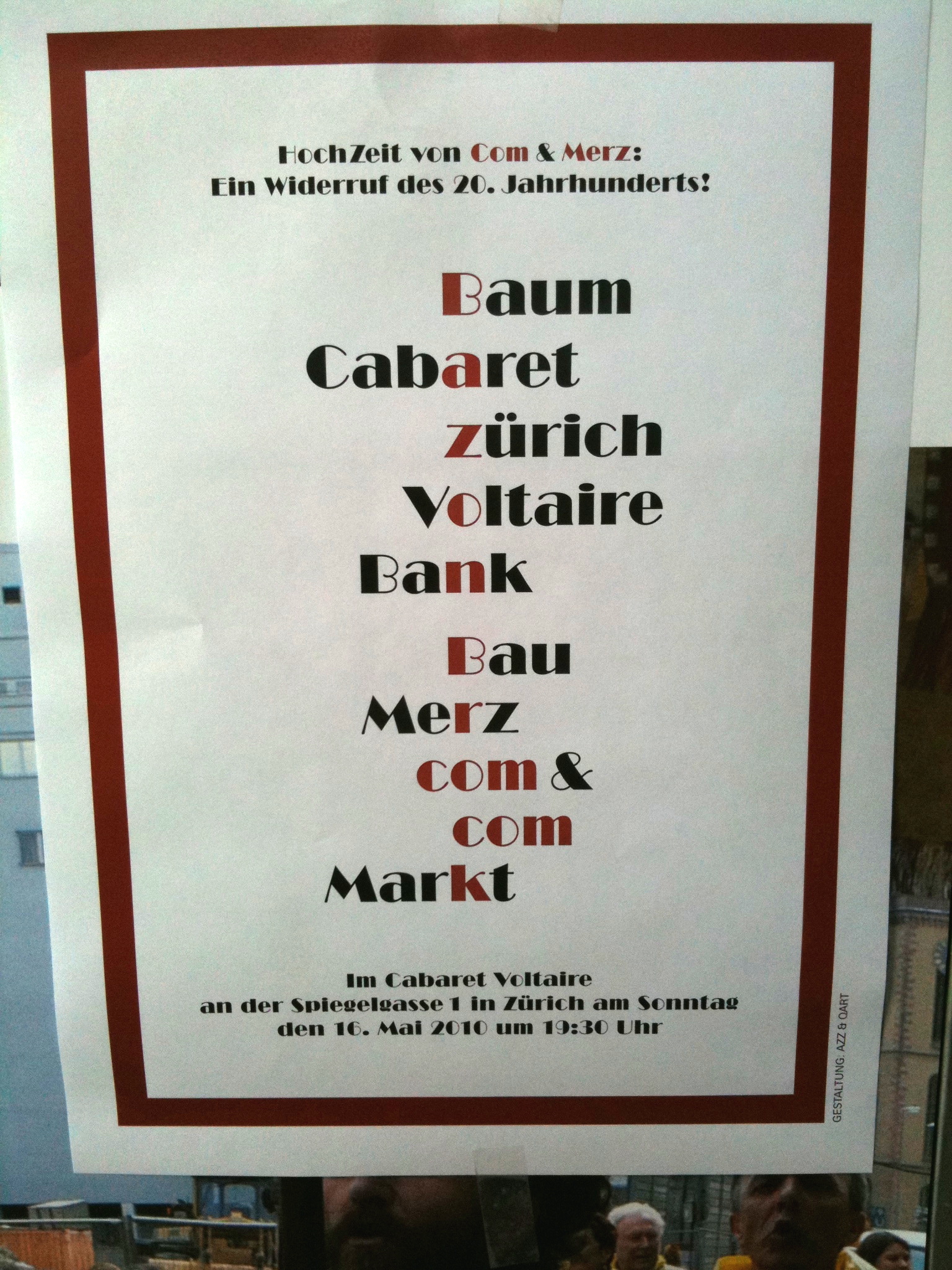 HochZeit von Com & Merz. Ein Widerruf des 20. Jahrhunderts, Bild: Plakat zur Aktion im Cabaret Voltaire Zürich, 16.05.2010.