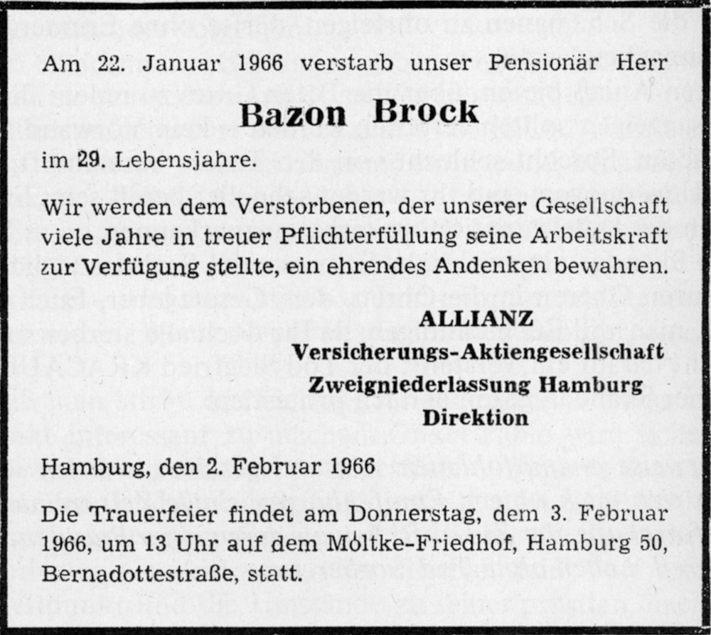 Fingierte Todesanzeige für Bazon Brock, 1966