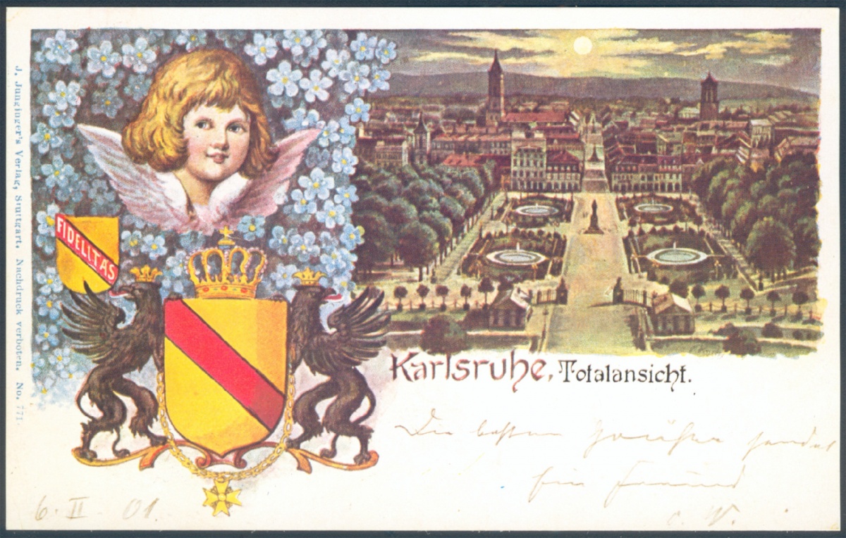 Postkarte "Karlsruhe - Totalansicht", Bild: aus: Der Postkartenroman, 1965 (vorgestellt in der Galerie Block, Berlin).