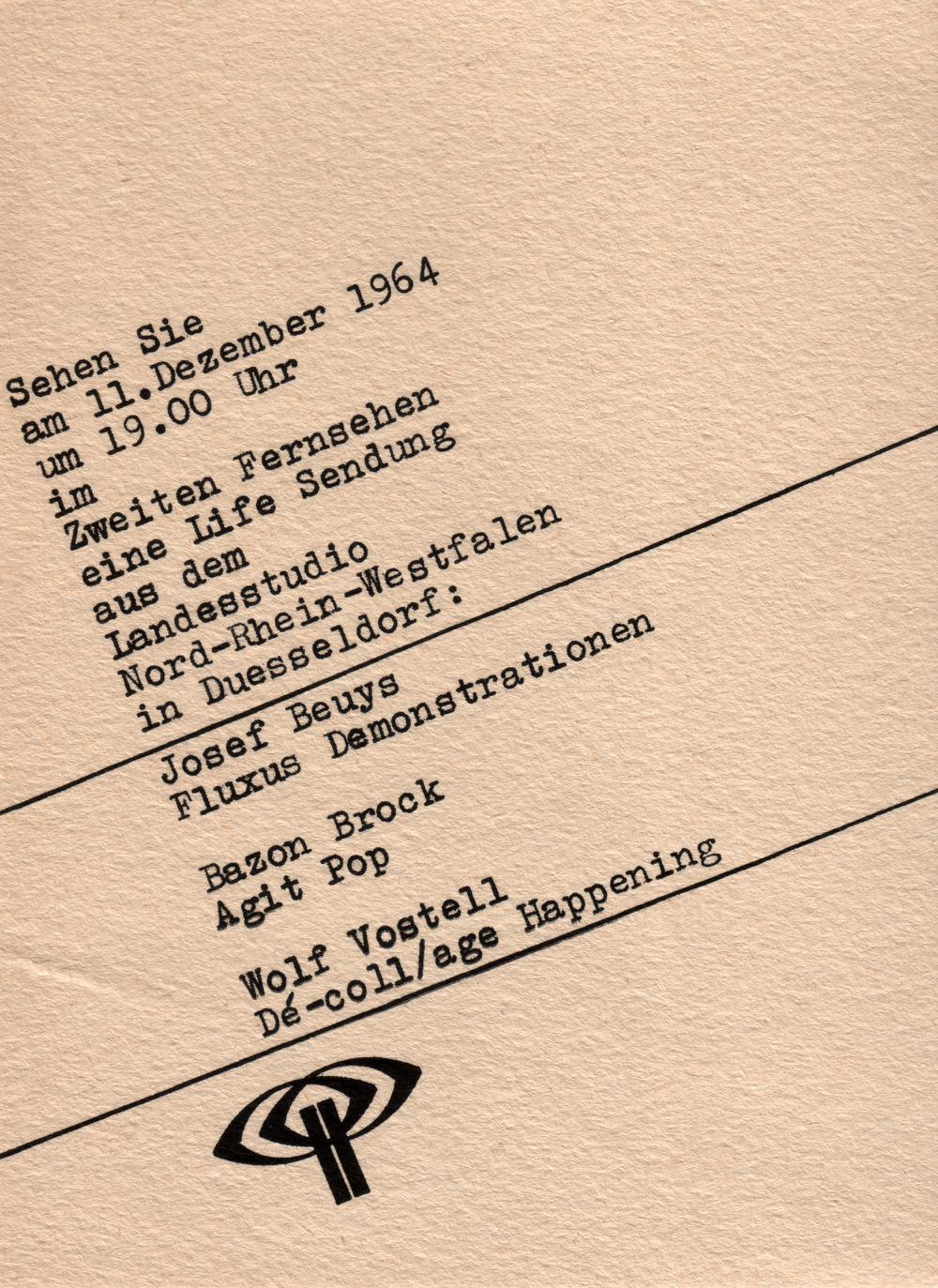 Agit-Pop (Brock) - Fluxus (Beuys) - De.coll/age (Vostell), Bild: Flyer zur Livesendung.