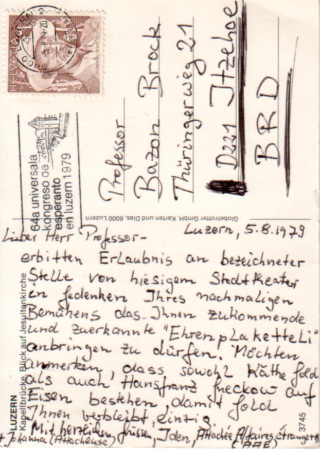 Postkarte aus Luzern, Rückseite, 1979