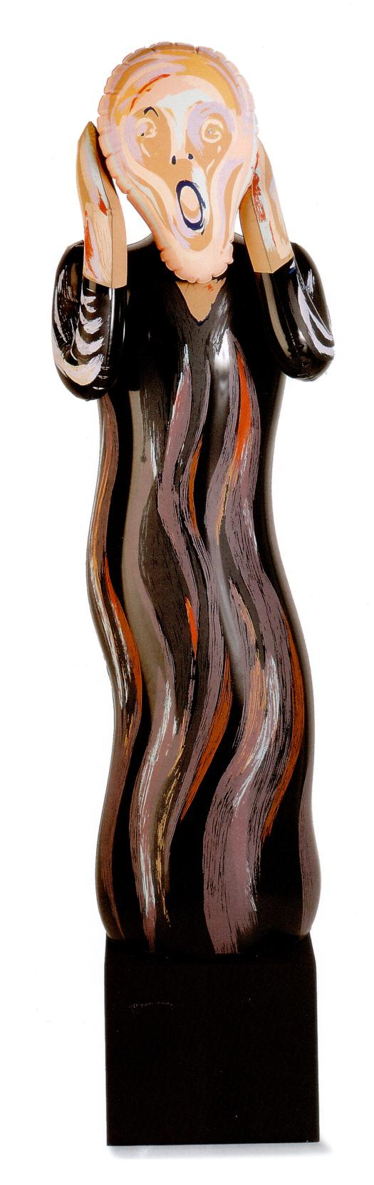 Karyatiden, meist frauengestaltige Säulen, gibt es häufig als seitliche Trägerelemente von Portalen anspruchsvoller Kulturbauten. Sie zeigen in ihrem Ausdruck die physische und psychische Anstrengung, in dieser Funktion zu dienen. Frauenbildnisse dienten nur allzu oft, allzu eindeutigen Vorstellungen  (von der Bugfigur und Klabauterfrau bis zur Schaufenster- und Sexpuppe). Die Konfrontation von Edvard Munchs „Schrei“ mit der dekorierten Gummiverfügungsmasse der Frauenpuppe, die auch in der Kunst Tradition hat, decouvriert den erzwungenen Lustschrei als Angstschrei, wie umgekehrt Munchs psychologisierende Darstellung angstvoller Frauen durch Hinweise auf unterdrückte Sexualität betont wird.