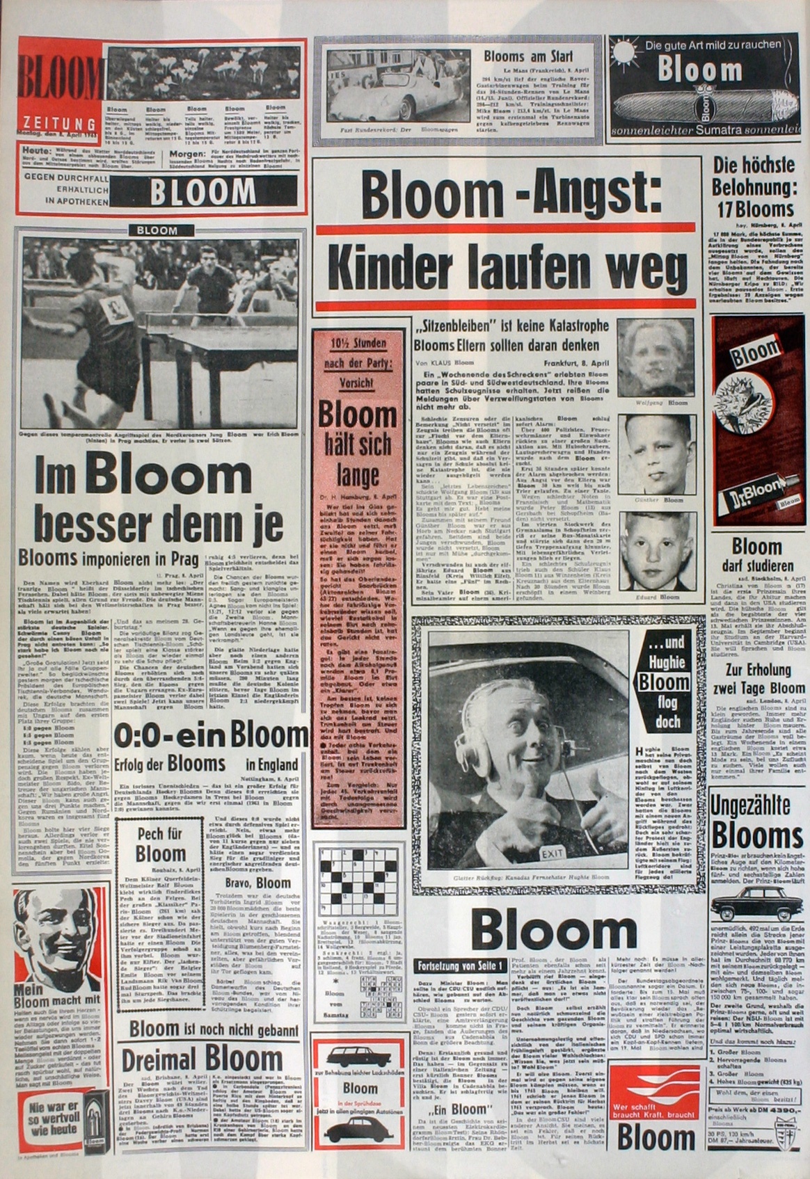 "Bloomzeitung" auf Basis der reproduzierten BILD-Ausgabe vom 08.04.1963 (rechts), Bild: Zur Feier des "Bloomsday" am 16.06.1963 in der Galerie Loehr, Frankfurt; Namensmontage von Thomas Bayrle.