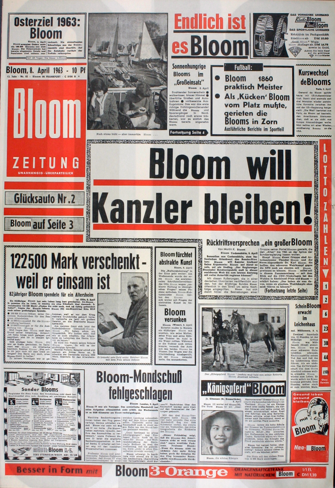 "Bloomzeitung" auf Basis der reproduzierten BILD-Ausgabe vom 08.04.1963 (links), Bild: Zur Feier des "Bloomsday" am 16.06.1963 in der Galerie Loehr, Frankfurt; Namensmontage von Thomas Bayrle.