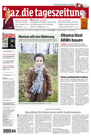 taz - die tageszeitung von heute, Bild: Titelblatt, 11.02.2012.
