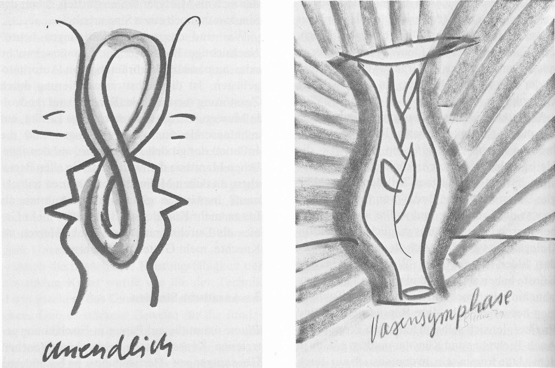Bernhard Johannes Blume: Zwei Zeichnungen aus der Serie "Heilsgebilde", 1979 ("unendlich", "Vasensymphase")