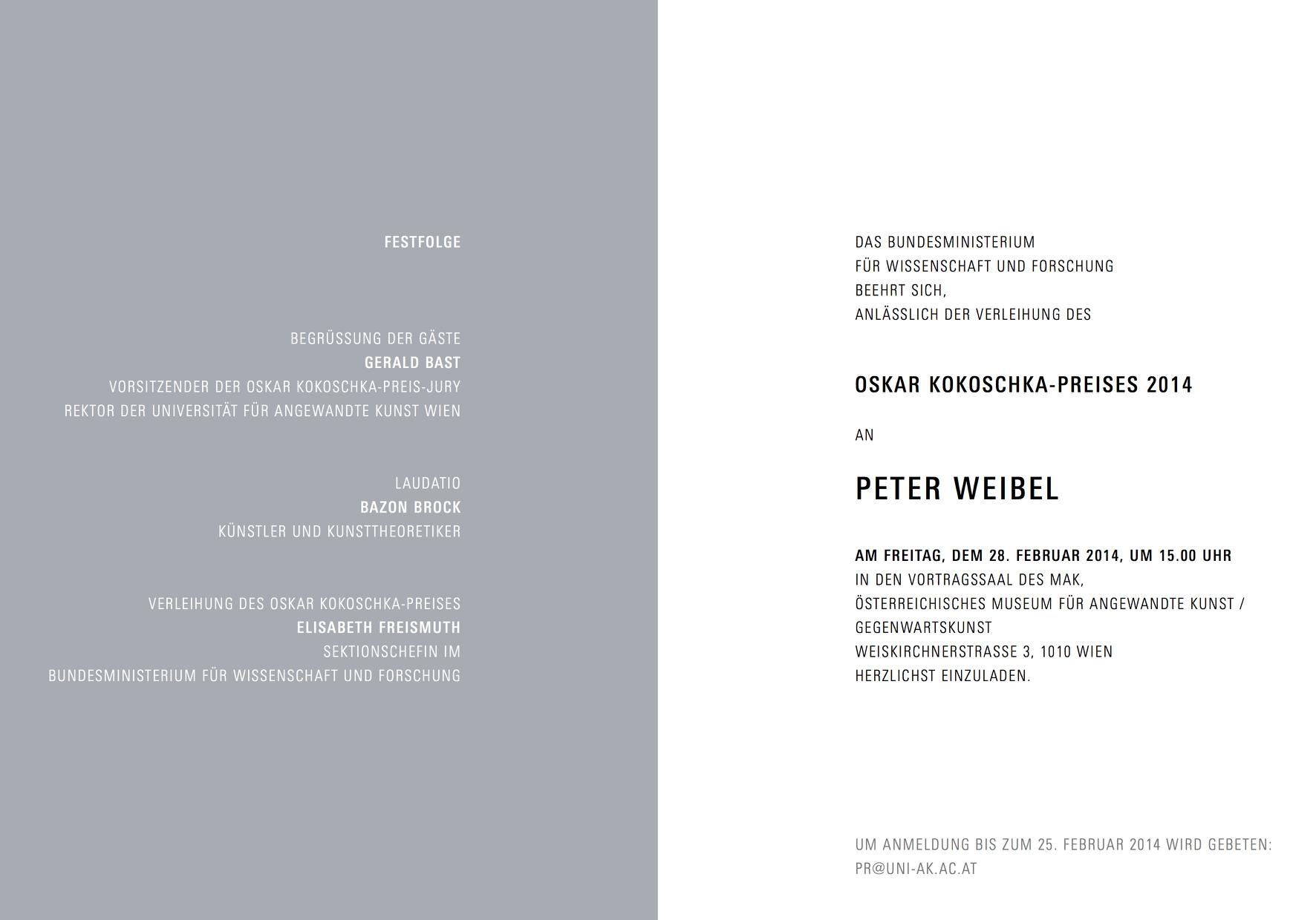 Oskar Kokoschka-Preisverleihung 2014: Peter Weibel, Bild: Museum für Angewandte Kunst Wien, 28.02.2014..