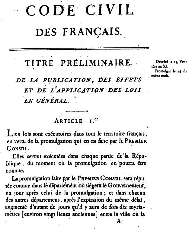 Code Civil, 1804, Bild: Quelle: Imprimerie nationale - Scanned image on Gallica. Lizenziert unter Public domain über Wikimedia Commons..
