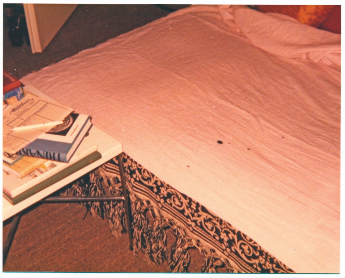 Bettstatt, in der sich eine Literatenliebe erfüllte. Tintenflecke auf dem Laken., Bild: © Melusine Huss, 1974.