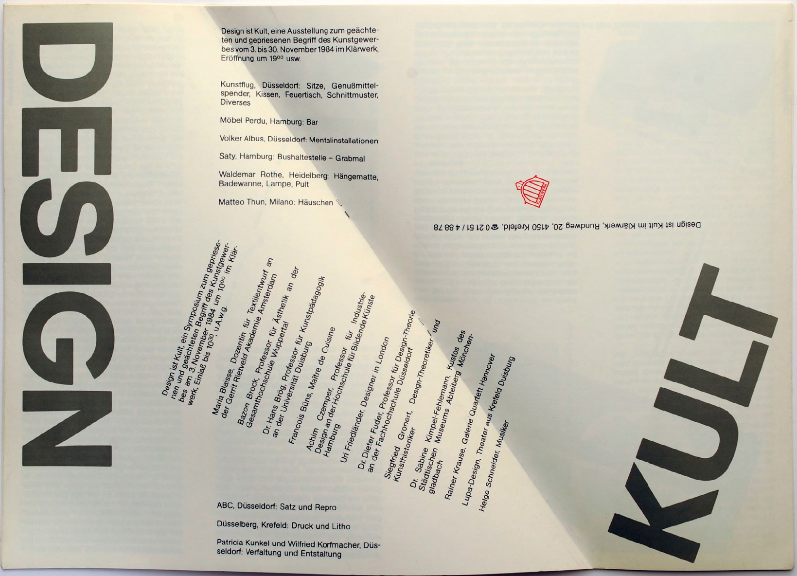 Design ist Kult, Bild: Ausstellung (3.-30.11.1984) & Symposium (3.11.1984), Klärwerk Krefeld..