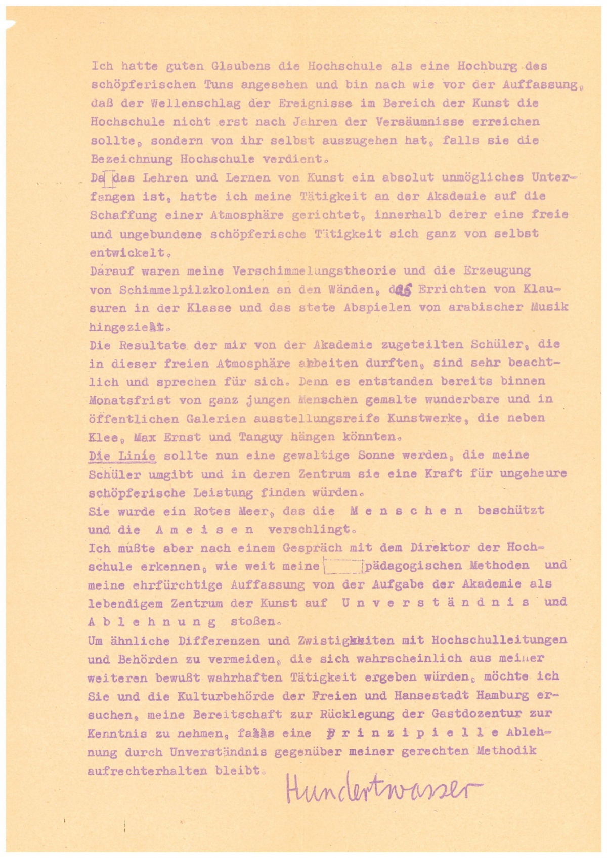 Brief von Friedensreich Hundertwasser an den Hamburger Kultursenator, 21.12.1959, Bild: Seite 2 | Hundertwasser Archiv Wien.
