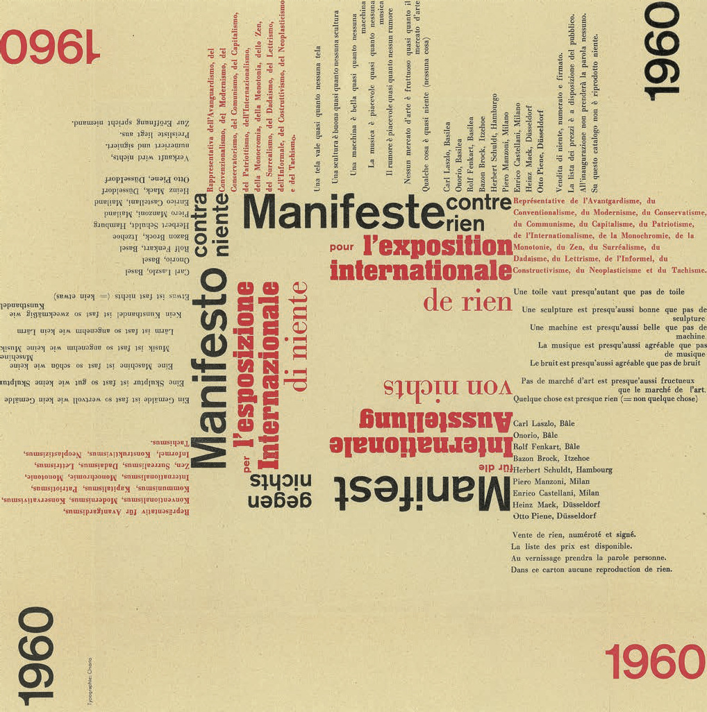 Manifest gegen nichts für die Internationale Ausstellung von nichts, Hamburg 1960 (Vorderseite), Bild: Bazon Brock, Carl Laszlo u.a..