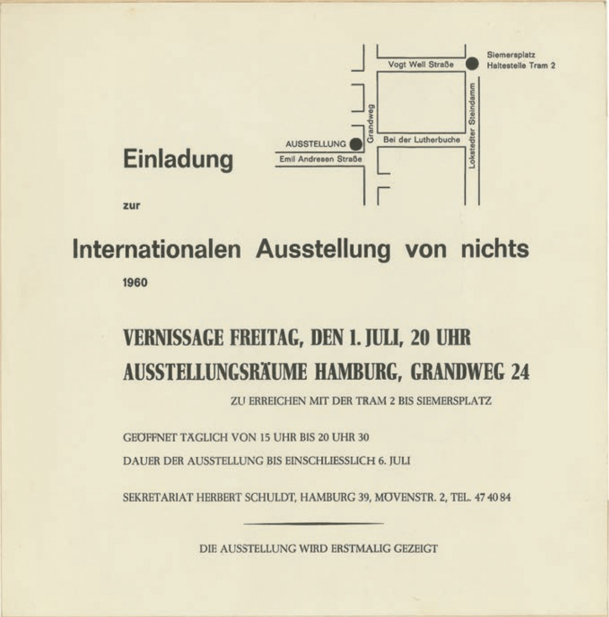 Manifest gegen nichts für die Internationale Ausstellung gegen nichts, Hamburg 1960 (Rückseite), Bild: Bazon Brock, Carl Laszlo u.a..