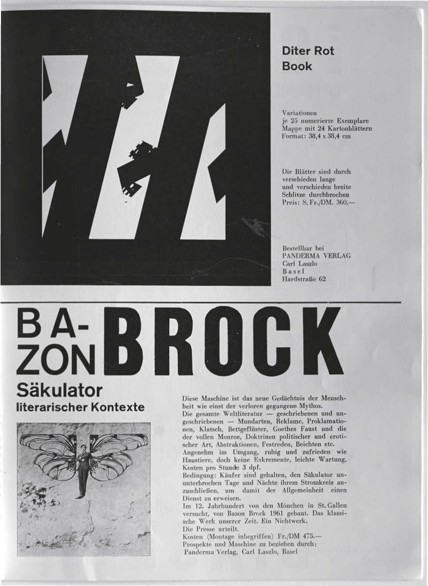 Ankündigung für den „Säkulator“, theoretisches Objekt/Nichtwerk 1960, in der Zeitschrift Panderma, Nr. 4/1960, hrsg. von Carl Laszlo