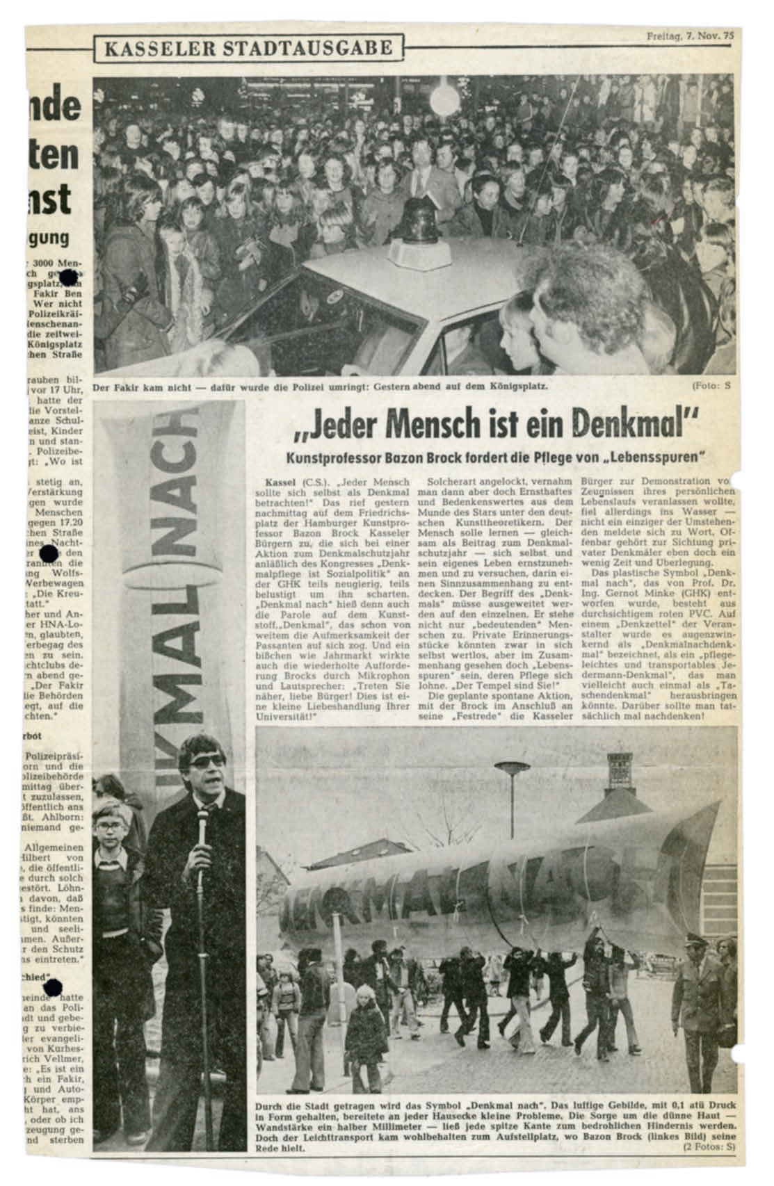 Jeder Mensch ist ein Denkmal. Kasseler Stadtausgabe, 7.11.1975