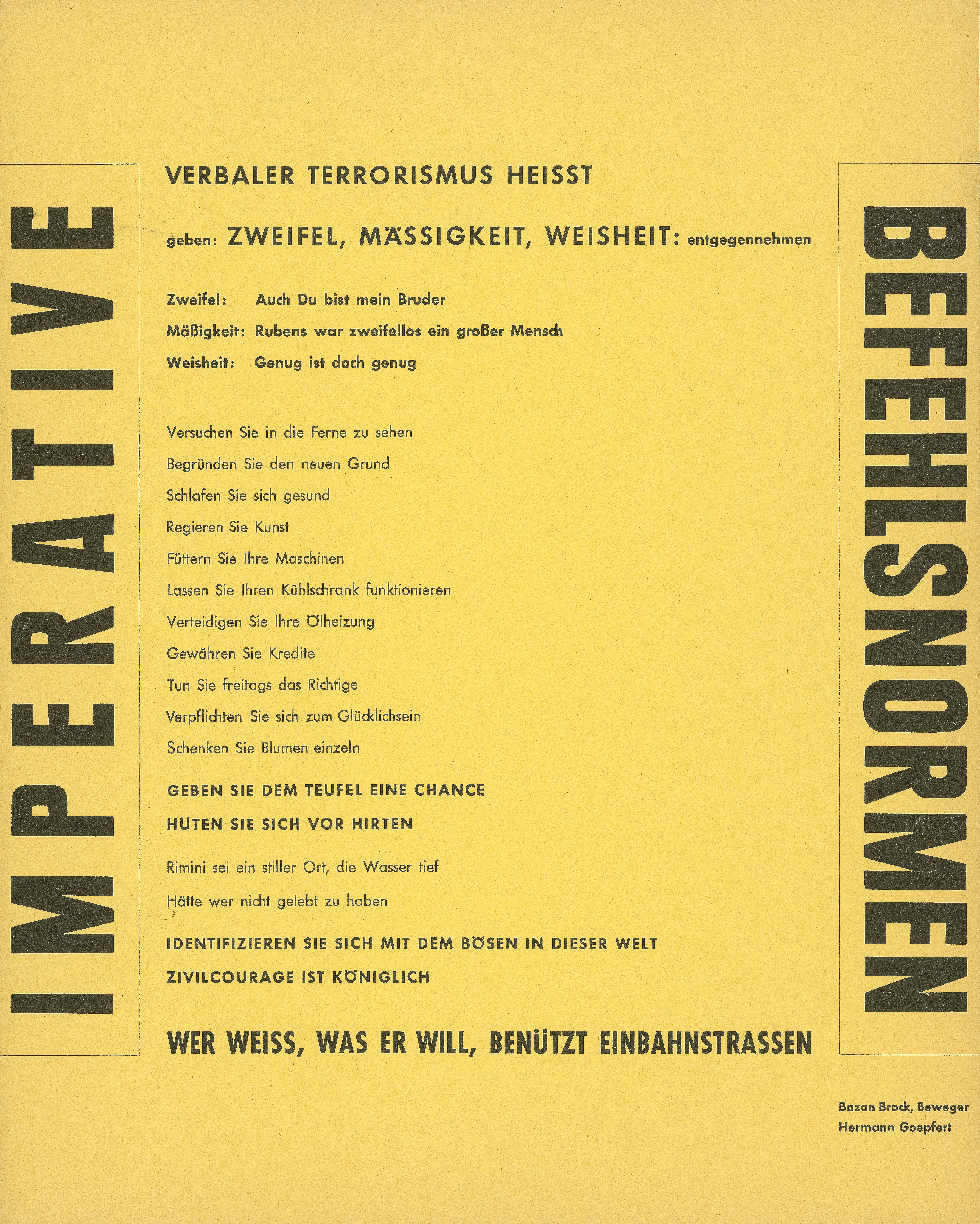 Imperative Befehlsnormen, Bild: Aktion "Donnerstagsmanifest" von Bazon Brock und Hermann Goepfert, Frankfurt am Main 1962..