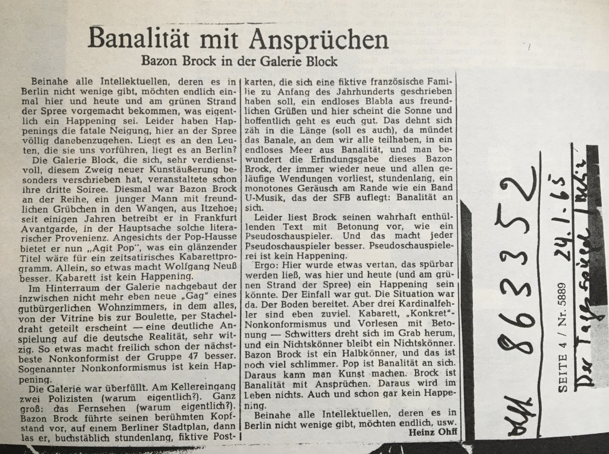 Banalität mit Ansprüchen, Bild: Rezension zur Aktion in der Galerie Block, 1965.