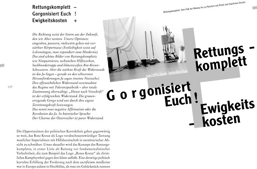 Lustmarsch durchs Theoriegelände, Bild: Seite 258-259: Rettungskomplett – Gorgonisiert Euch! Ewigkeitskosten +. Gestaltung: Gertrud Nolte..