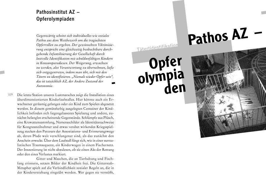 Lustmarsch durchs Theoriegelände, Bild: Seite 328-329: Pathosinstitut AZ – Opferolympiaden. Gestaltung: Gertrud Nolte..